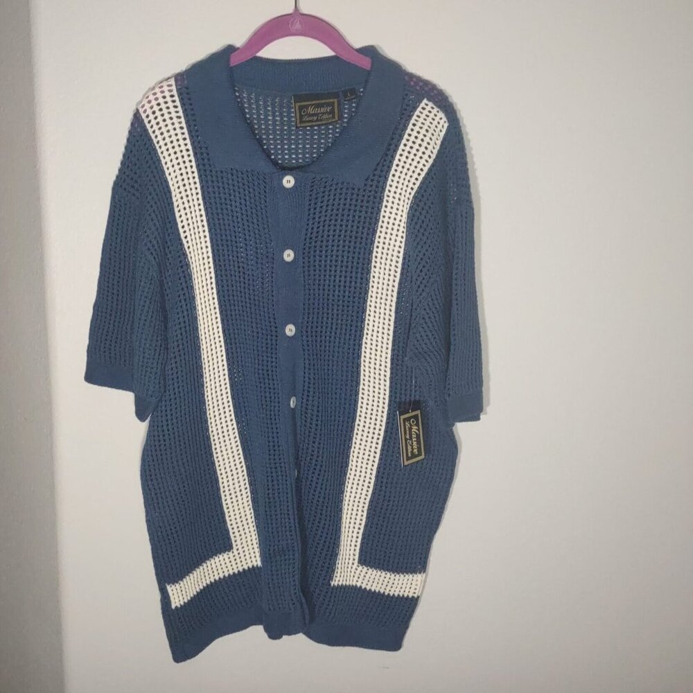 Massive Luxury Edition Men's Vintage Style Crochet Knitted Shirt Blue Sz L NWT